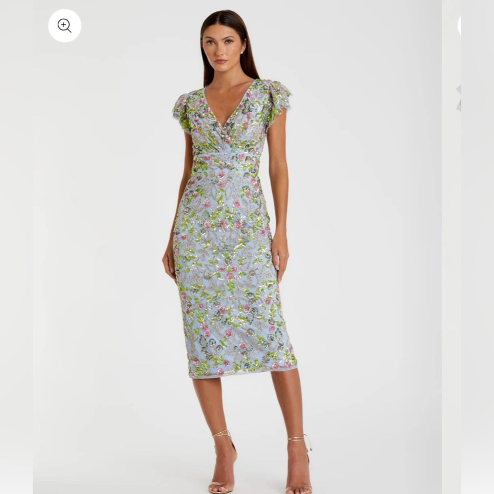 Mac Duggal Light Blue Floral Embroidered Midi Dress